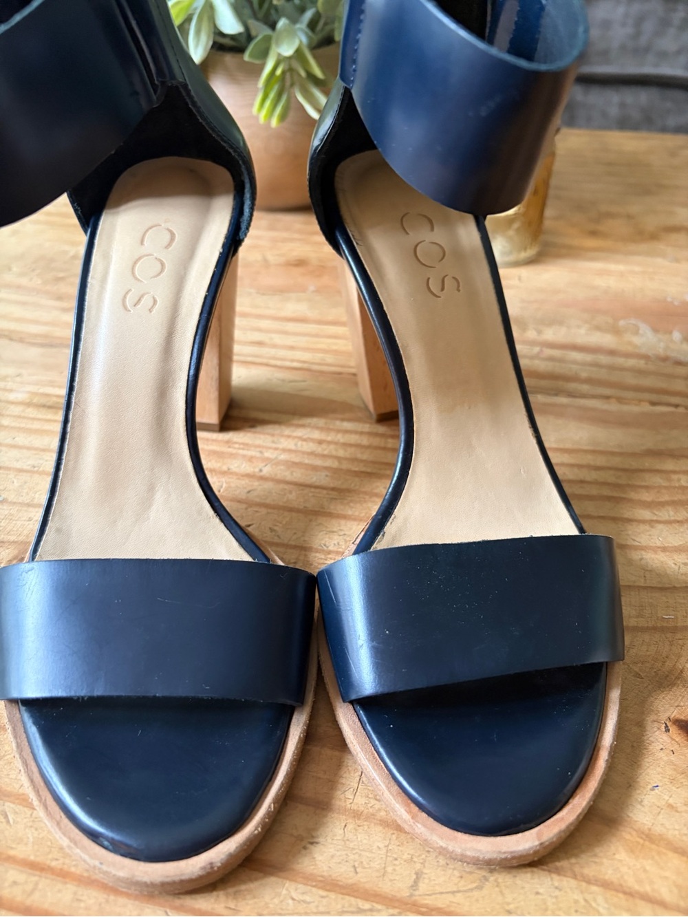 COS Navy Leather Sandal Wood Block Heel  Size 38 7.5 - Picture 7 of 13